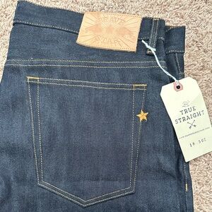 Blue Straight Jeans with Contrast Stitching and Embroidered Detail